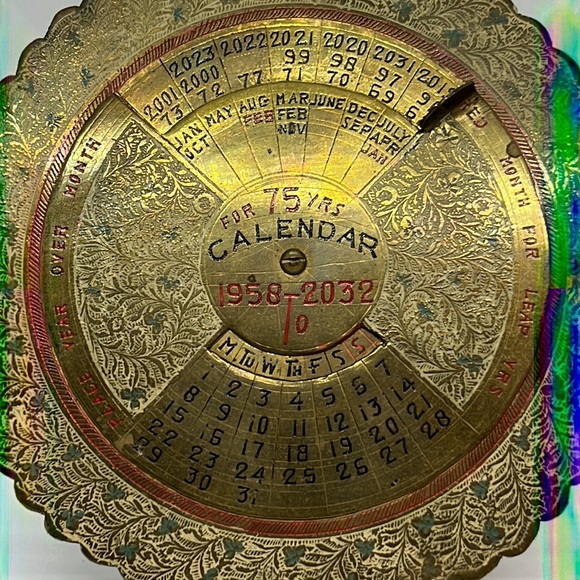 Vintage Brass 75 Year Calendar, 1958 to 2032, Made in India - Picture 2 of 6